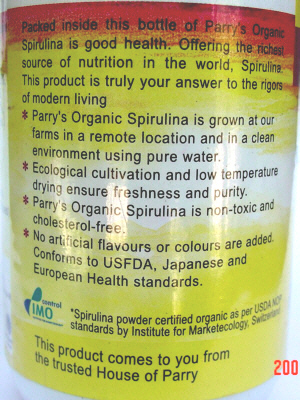 Organic Spirulina capsules with no artificial flavors or colors. Conforms to USFDA, Japanese adn European Health Standards